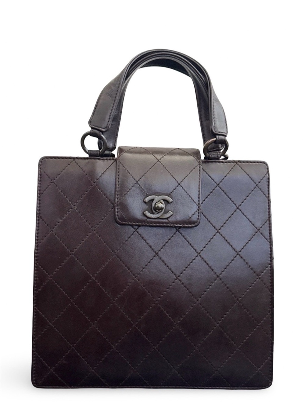 CHANEL Dark Brown/Burgundy Quilted Calf Leather Top-Handle Tote